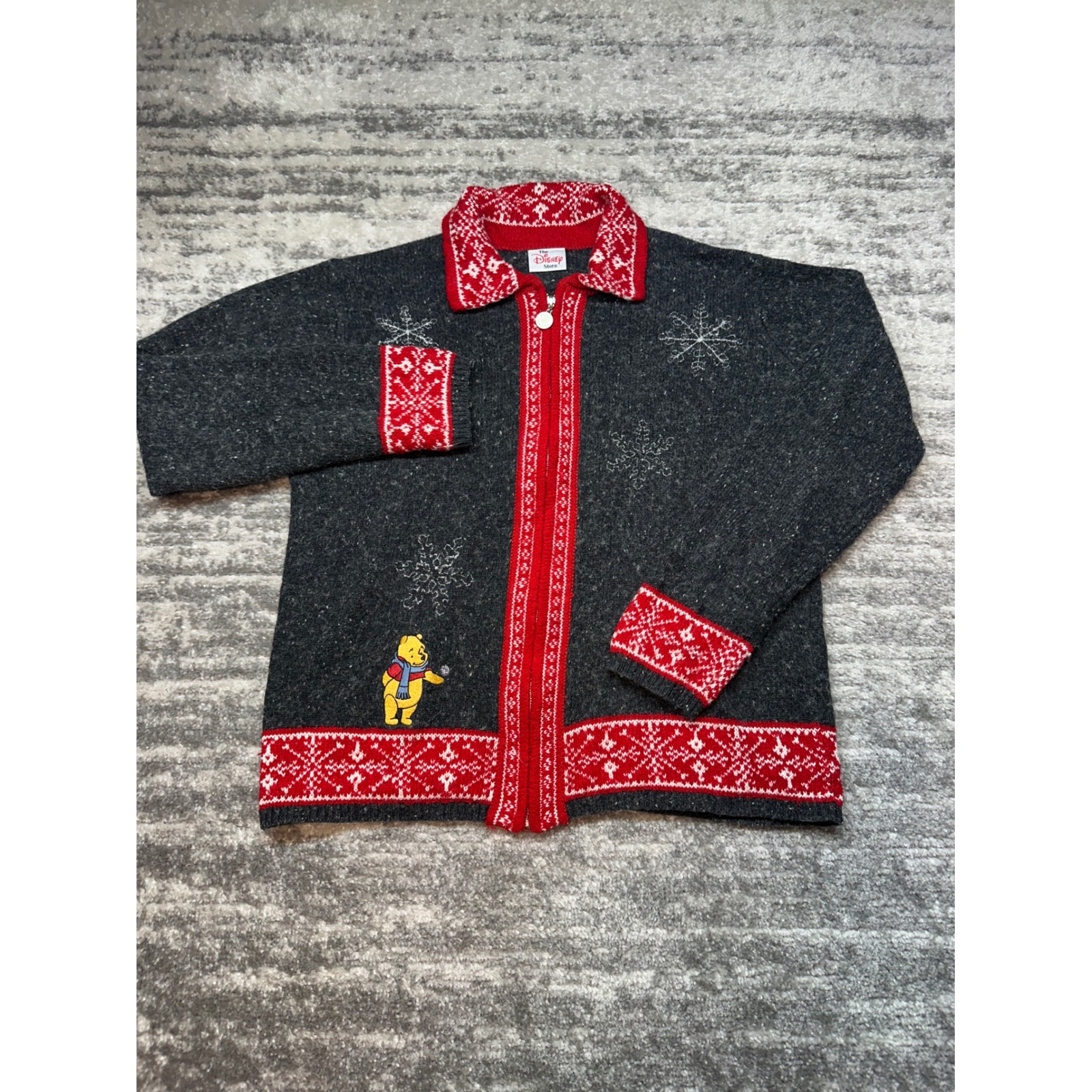 Disney Cardigan Womens L Gray Winnie The Pooh Snowflake Zip Up Sweater Vintage